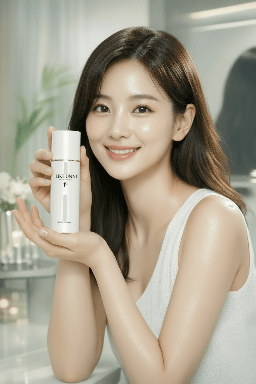 Smiling woman with radiant skin holding a white Like Unni skincare bottle in her hands.