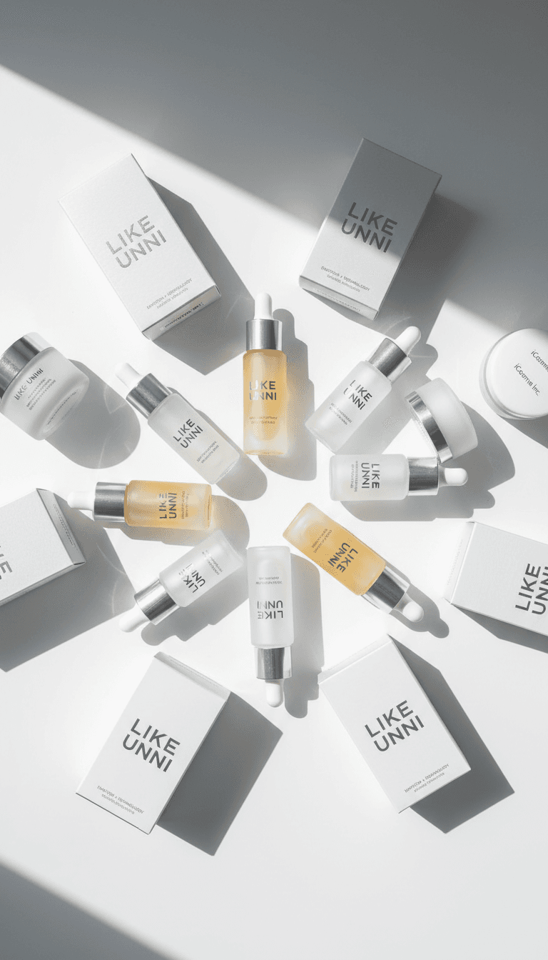 Overhead view of LIKE UNNI skincare products elegantly arranged